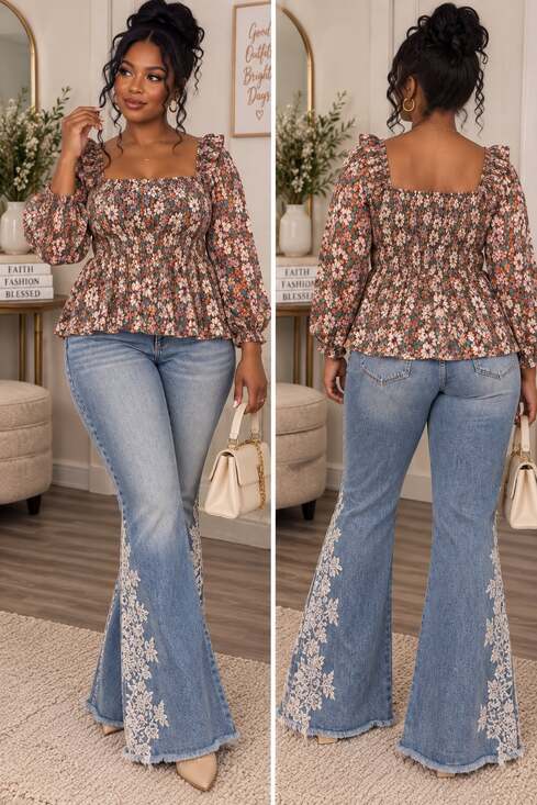 Hayden Los Angeles Tops - Hayden Los Angeles Boho Cottagecore Floral Smocked Peplum Blouse Plus Size 2XL